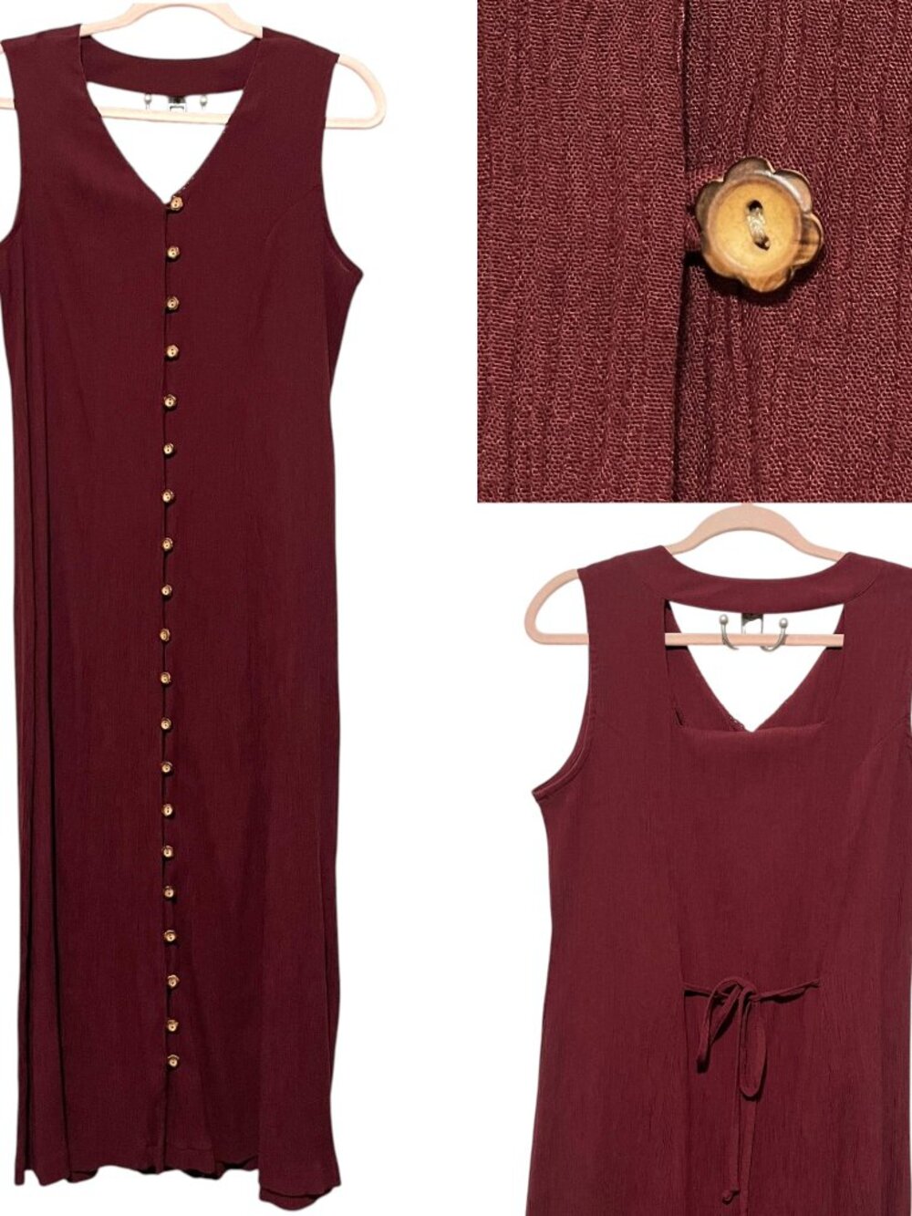Womens VTG Gauzy Full Button Maxi Dress S/M Tie Back Maroon Cottagecore Boho 90s
